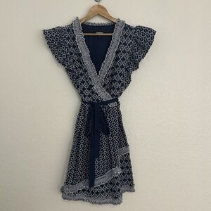 Express Eyelet Sundress Size S Blue Belted Ruffle Mini Faux Wrap Dress Cottage